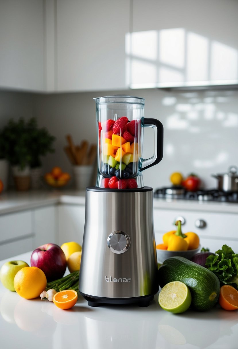 A sleek, modern blender surrounded by fresh fruits and vegetables on a clean kitchen counter