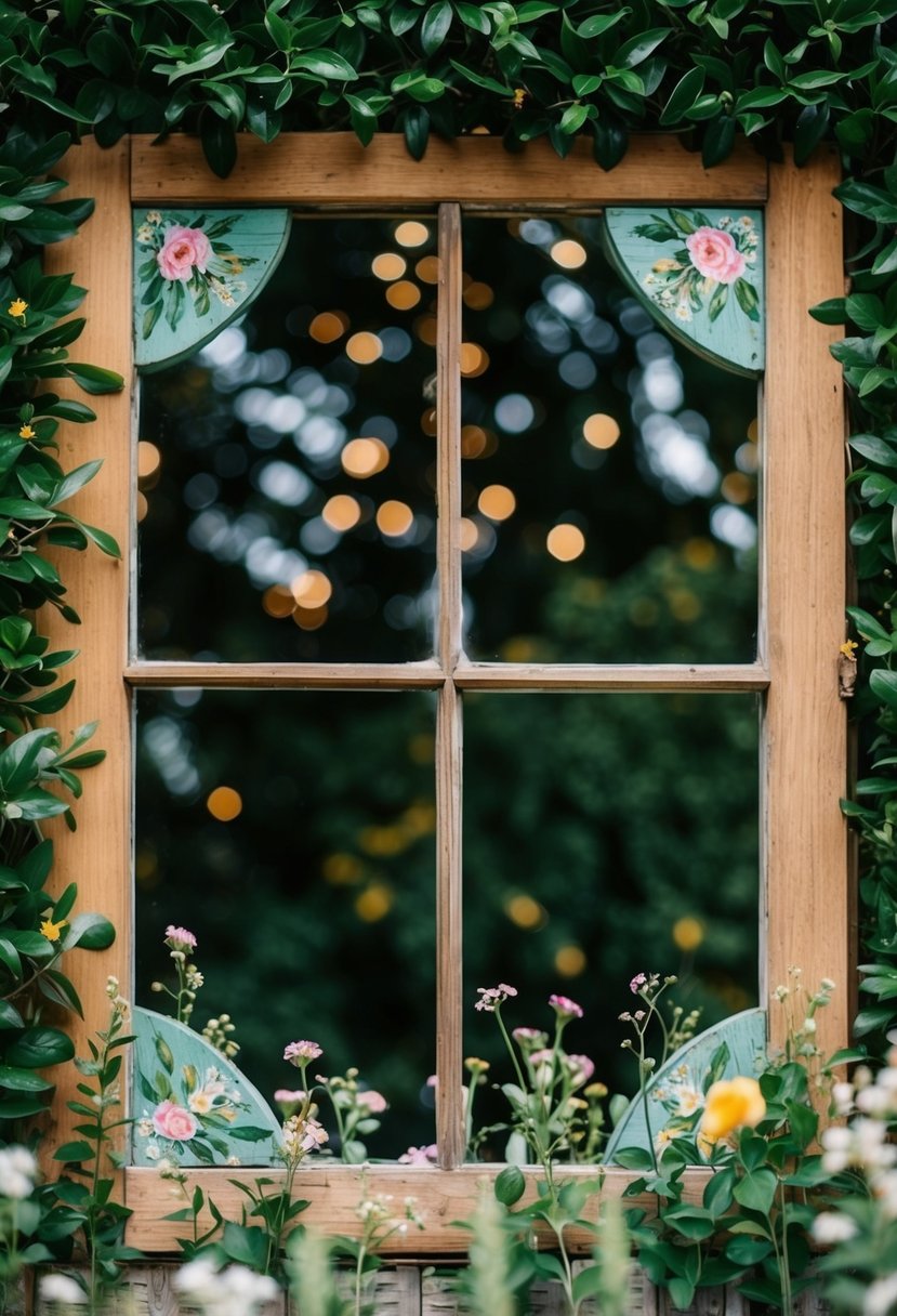 A rustic wooden window frame adorned with hand-painted vintage decorations, surrounded by lush greenery and delicate flowers