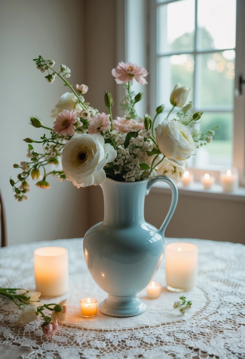 A classic vase sits on a lace tablecloth, surrounded by delicate flowers and soft candlelight