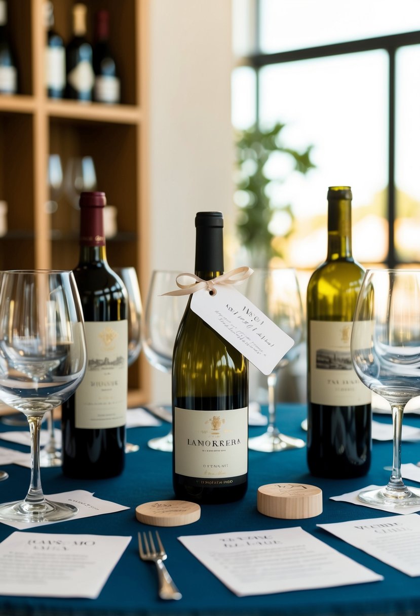 A table set with various wine bottles, glasses, and tasting notes. A wedding gift tag tied to a bottle with a ribbon