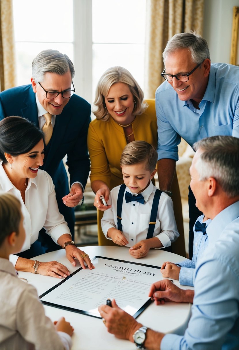 A family gathering around a wedding registry, exchanging tips and details