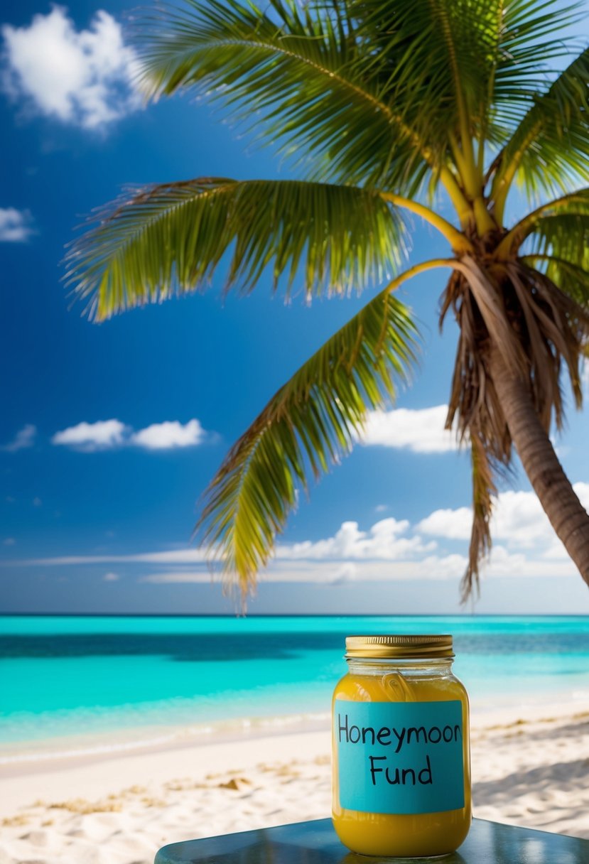 A tropical beach with a palm tree and a clear blue ocean, with a jar labeled "honeymoon fund" and a sign inviting contributions