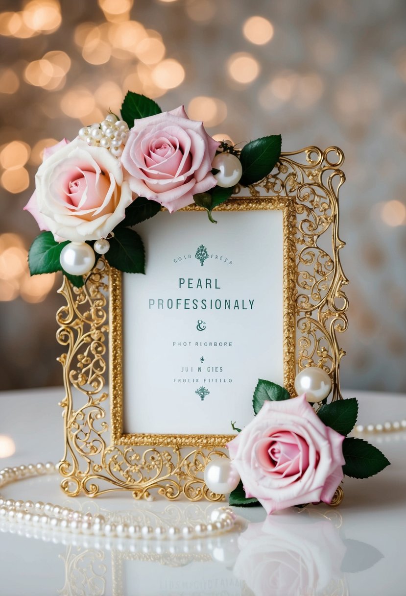 A gold filigree frame adorned with delicate roses and pearls