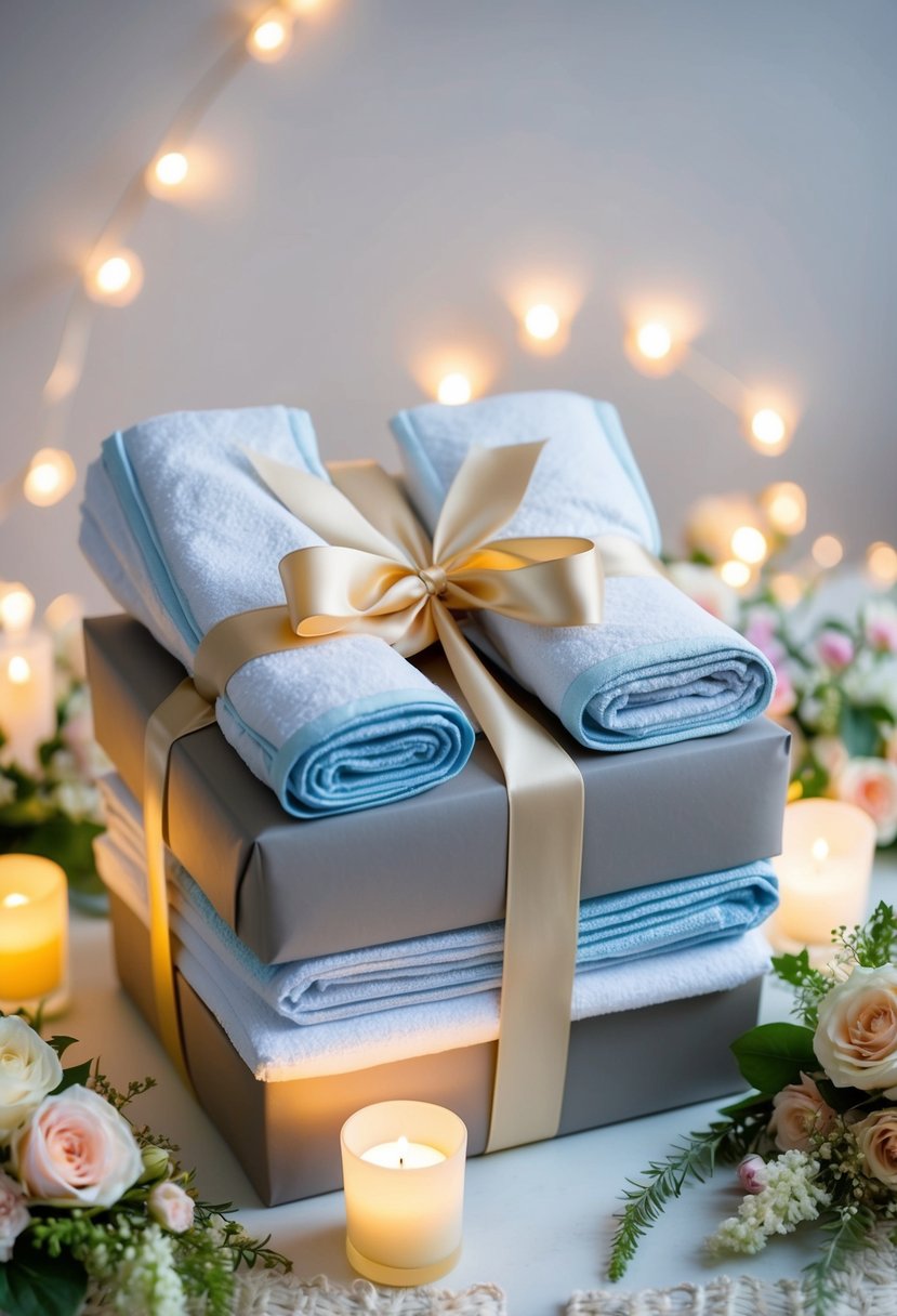 A beautifully wrapped gift box containing luxurious bed linens and towels, surrounded by delicate floral arrangements and soft ambient lighting