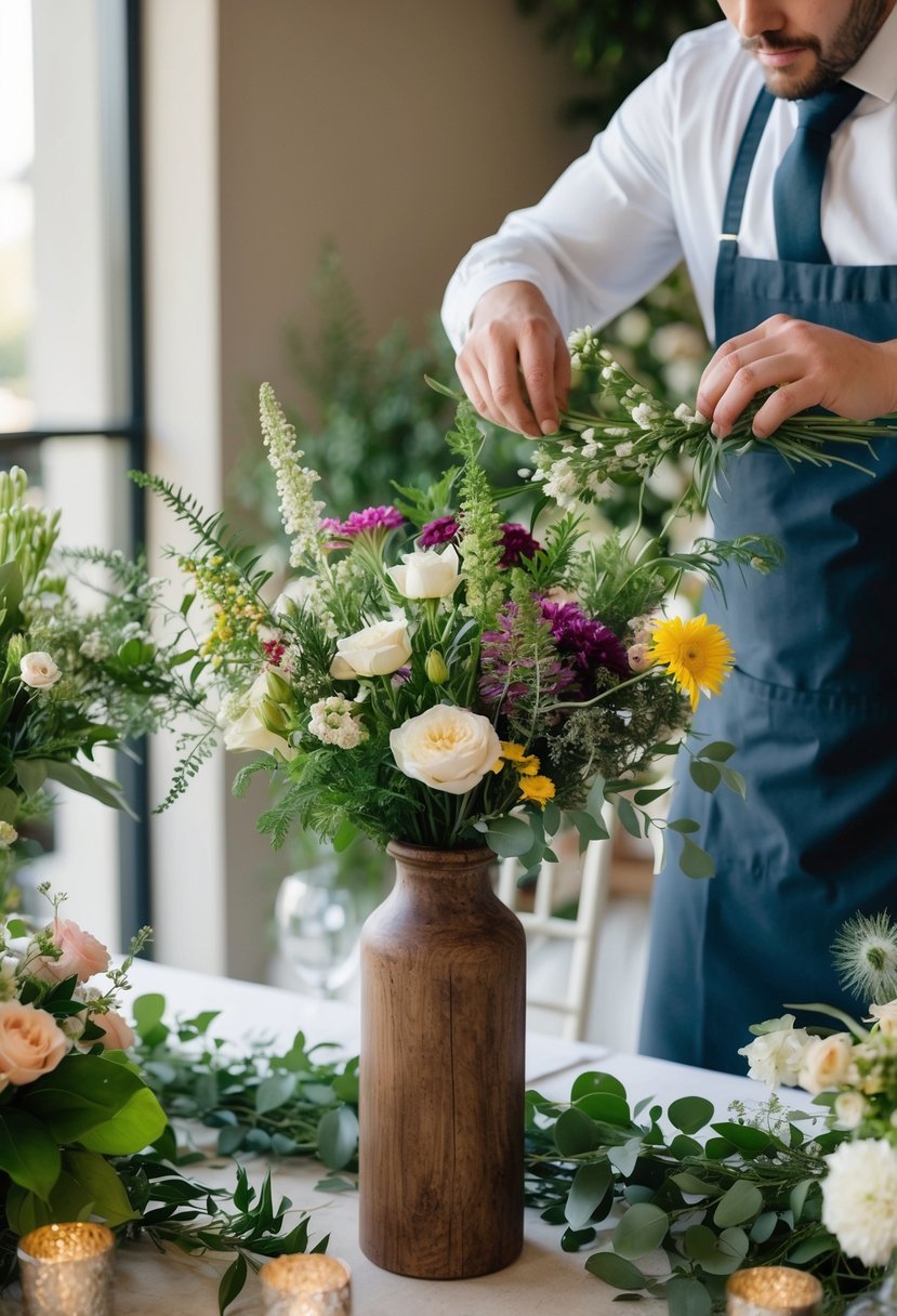 A wedding florist arranging a variety of flowers in a rustic wooden vase on a table, surrounded by greenery and other floral arrangements