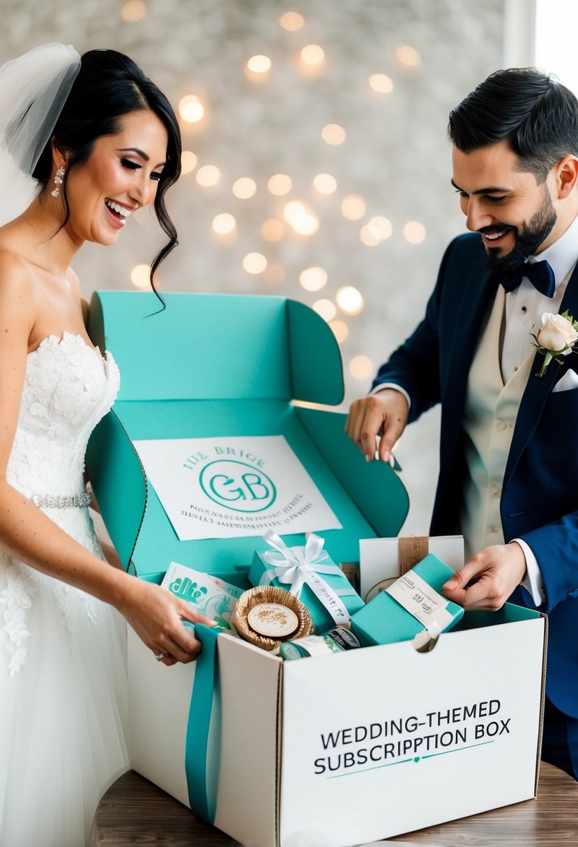 A bride and groom opening a wedding-themed subscription box, filled with personalized items and gifts tailored to their interests and hobbies