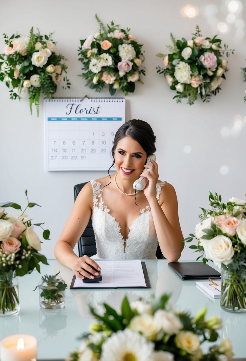 A bride sitting at a desk, surrounded by floral arrangements, speaking on the phone with a florist. A calendar on the wall shows the wedding date