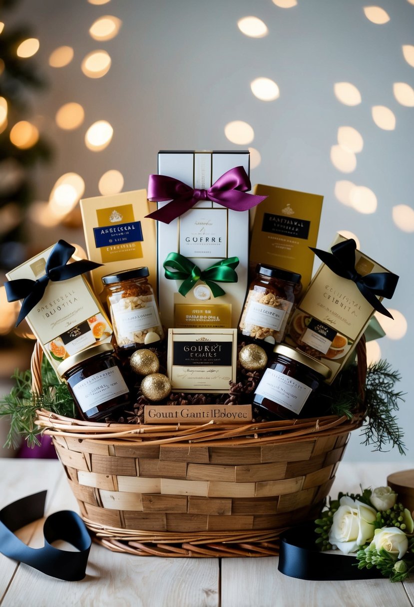 A gourmet gift basket filled with artisanal treats, beautifully arranged with ribbons and bows, ready to be presented as a wedding gift