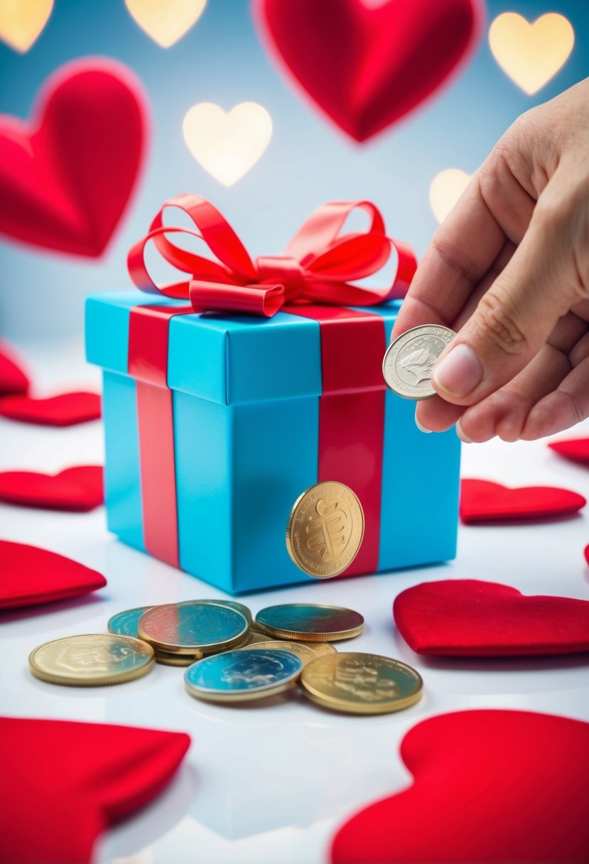 A gift box with a bow on top, surrounded by hearts and a hand reaching out to drop a coin into a donation box