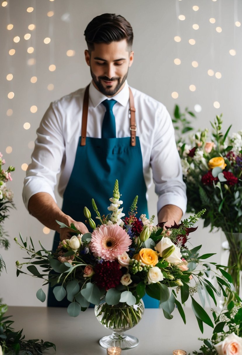 A wedding florist arranging flowers in coordinating colors with the wedding theme