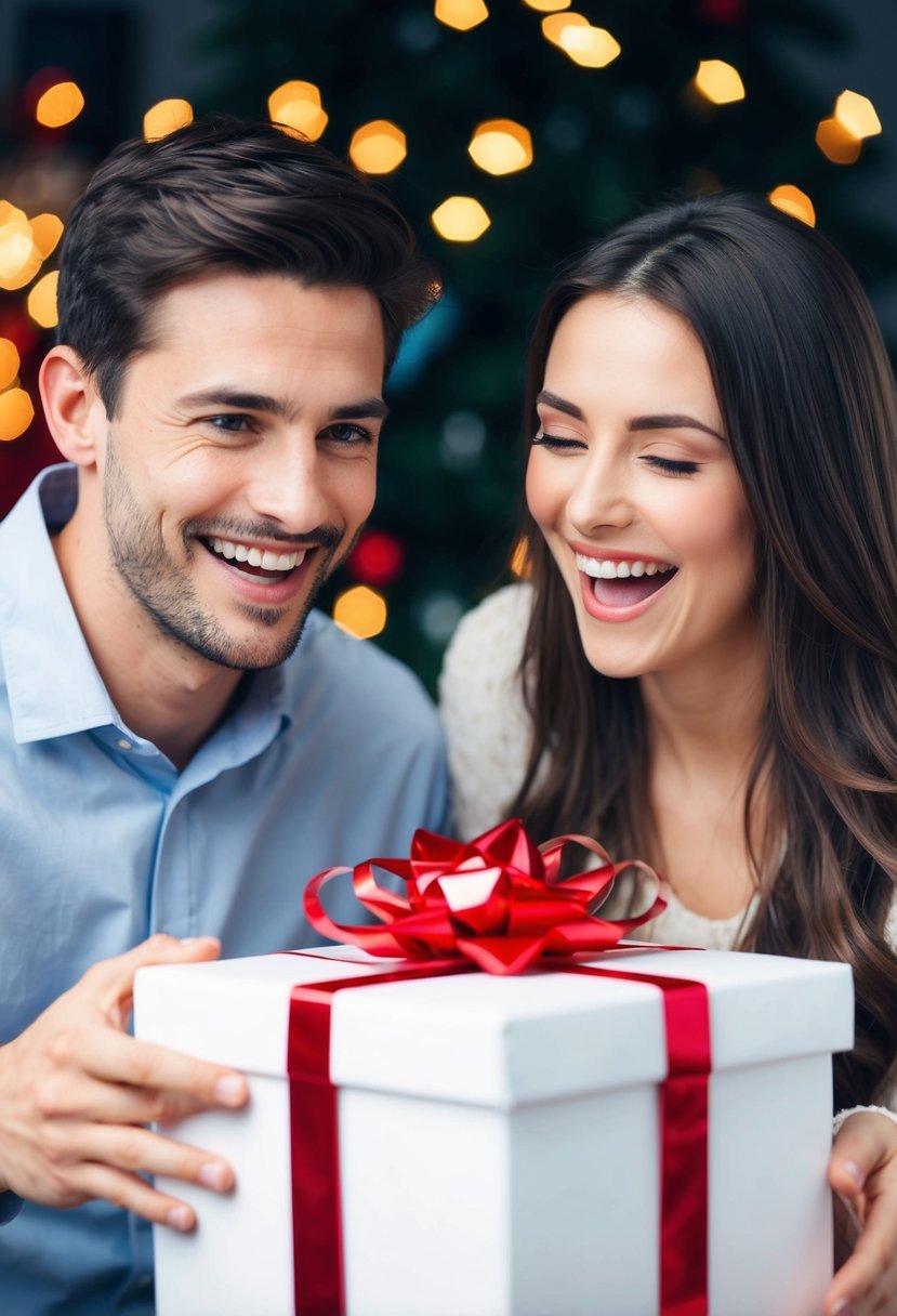 A couple opening a gift box with excitement