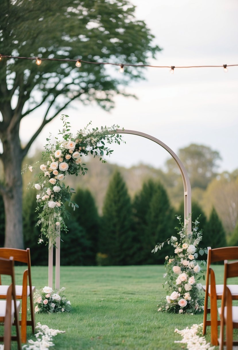 A cozy outdoor ceremony with a simple arch, surrounded by blooming flowers and twinkling lights