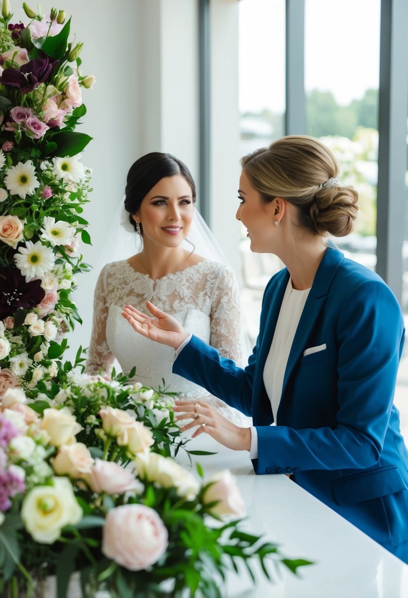 A bride and a florist sit at a table, discussing floral arrangements and budget for the wedding. The florist gestures towards a selection of flowers on display