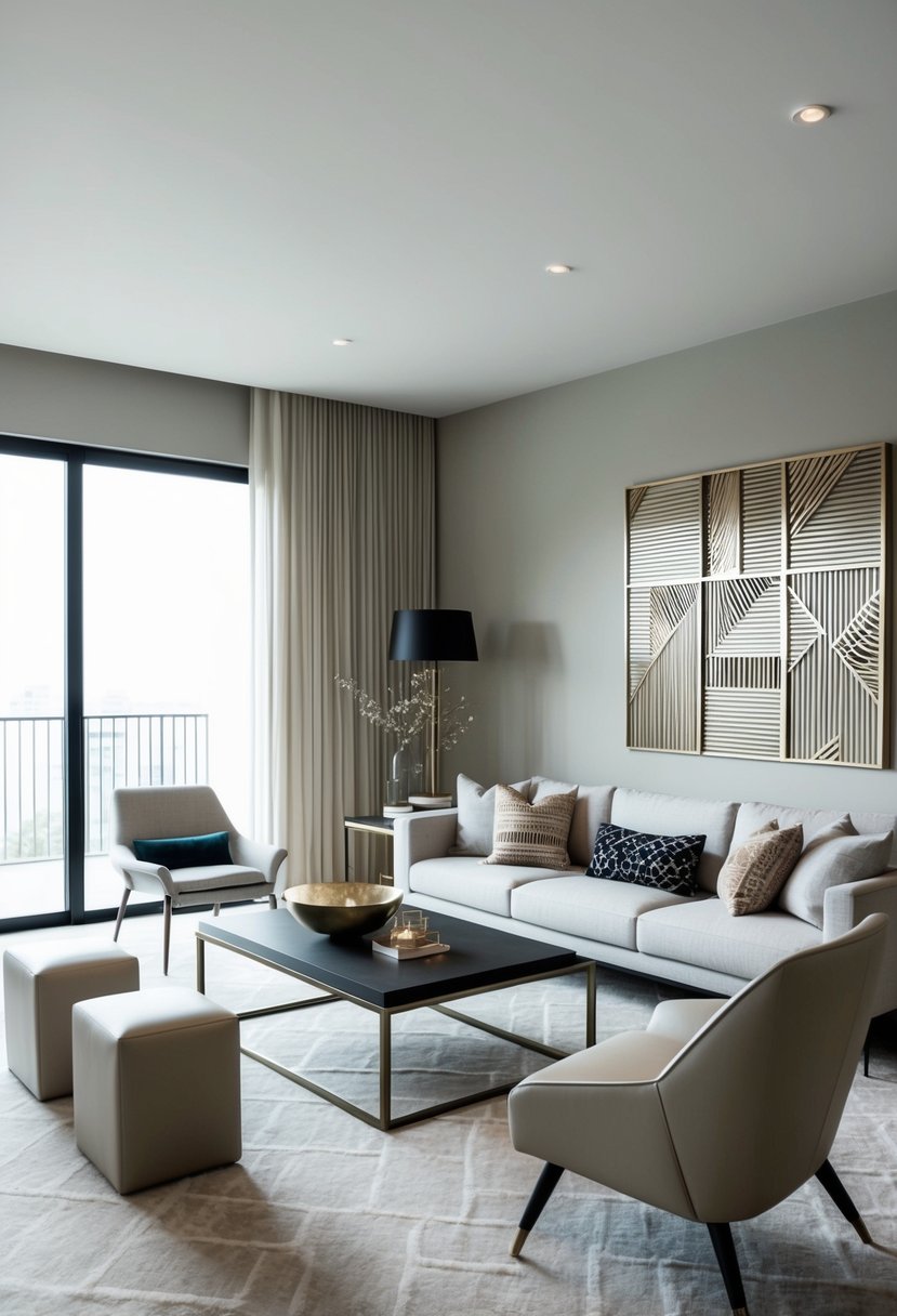 A modern living room with minimalist furniture and neutral colors, accented with geometric patterns and metallic accents