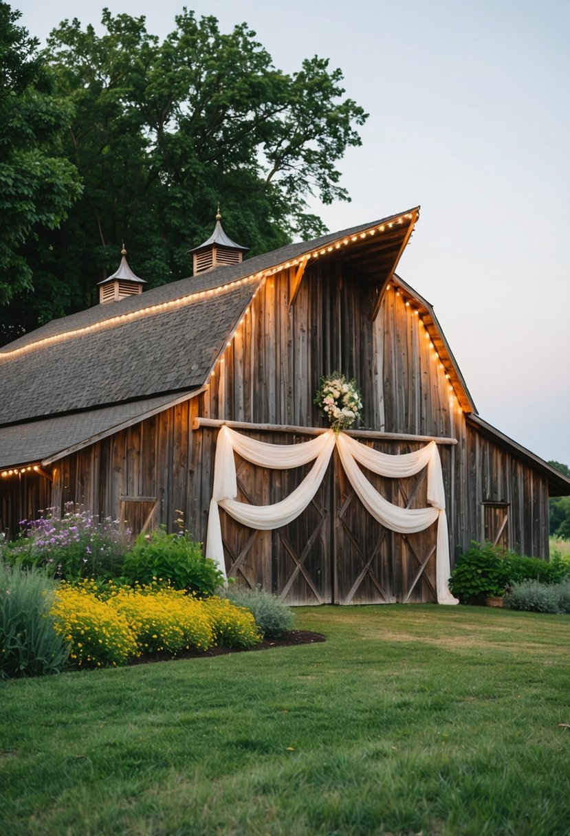 A rustic barn adorned with twinkling lights and draped with flowing fabric, surrounded by lush greenery and blooming wildflowers