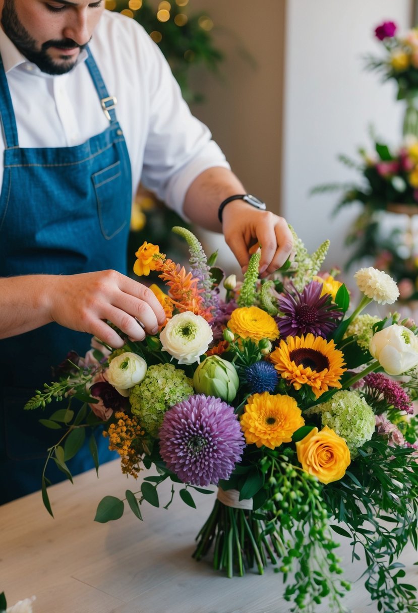 A florist arranging a variety of seasonal flowers in vibrant colors and textures for a wedding bouquet