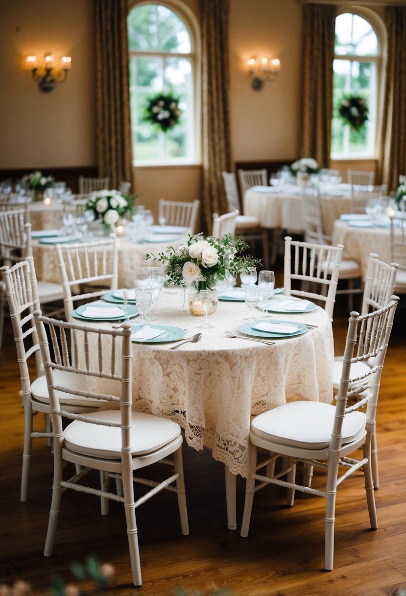 A small wedding set in a vintage-themed venue with classic lace decor adorning the tables and chairs