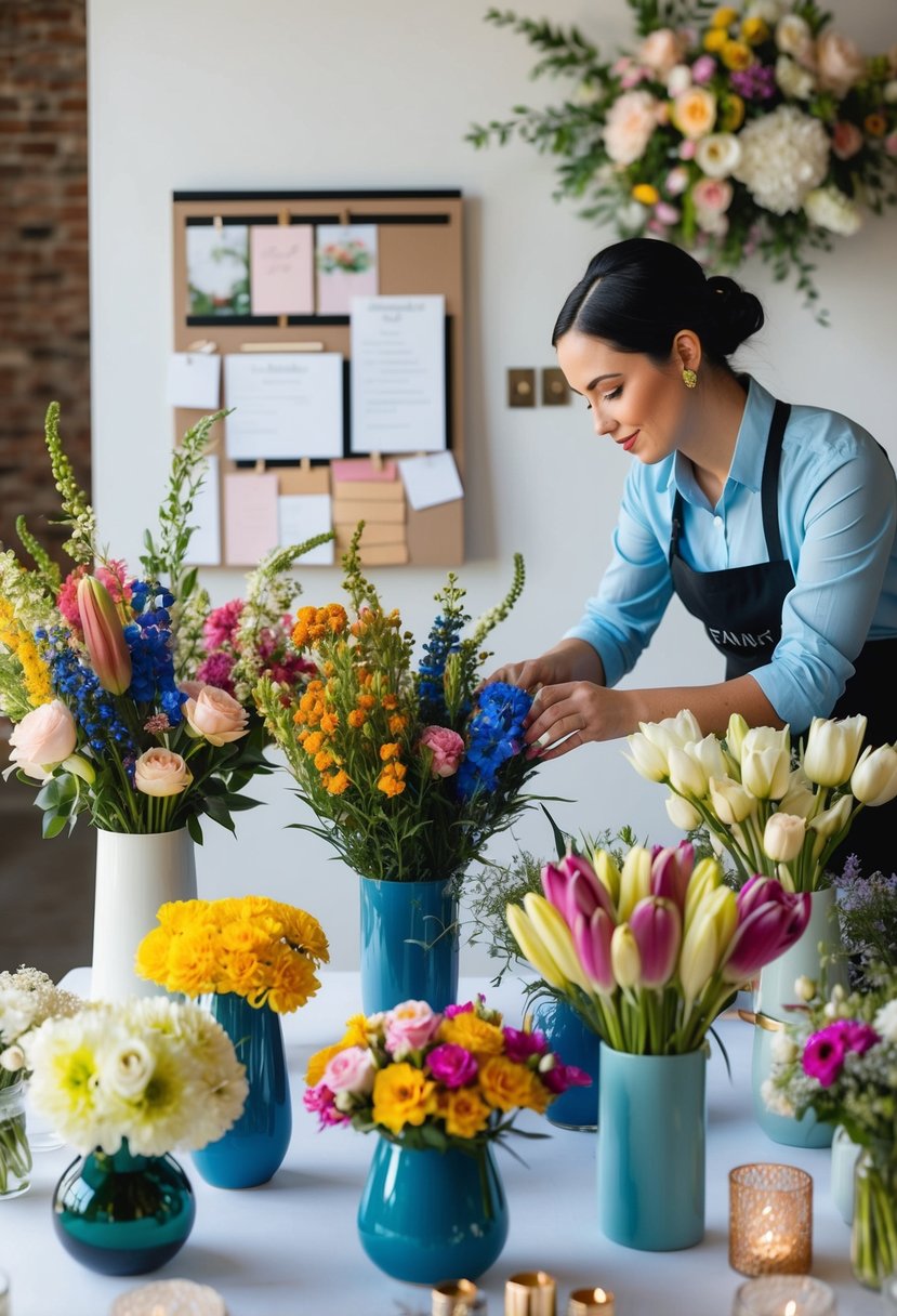 A florist arranging a colorful array of flowers in various vases, surrounded by wedding decor and a mood board for inspiration