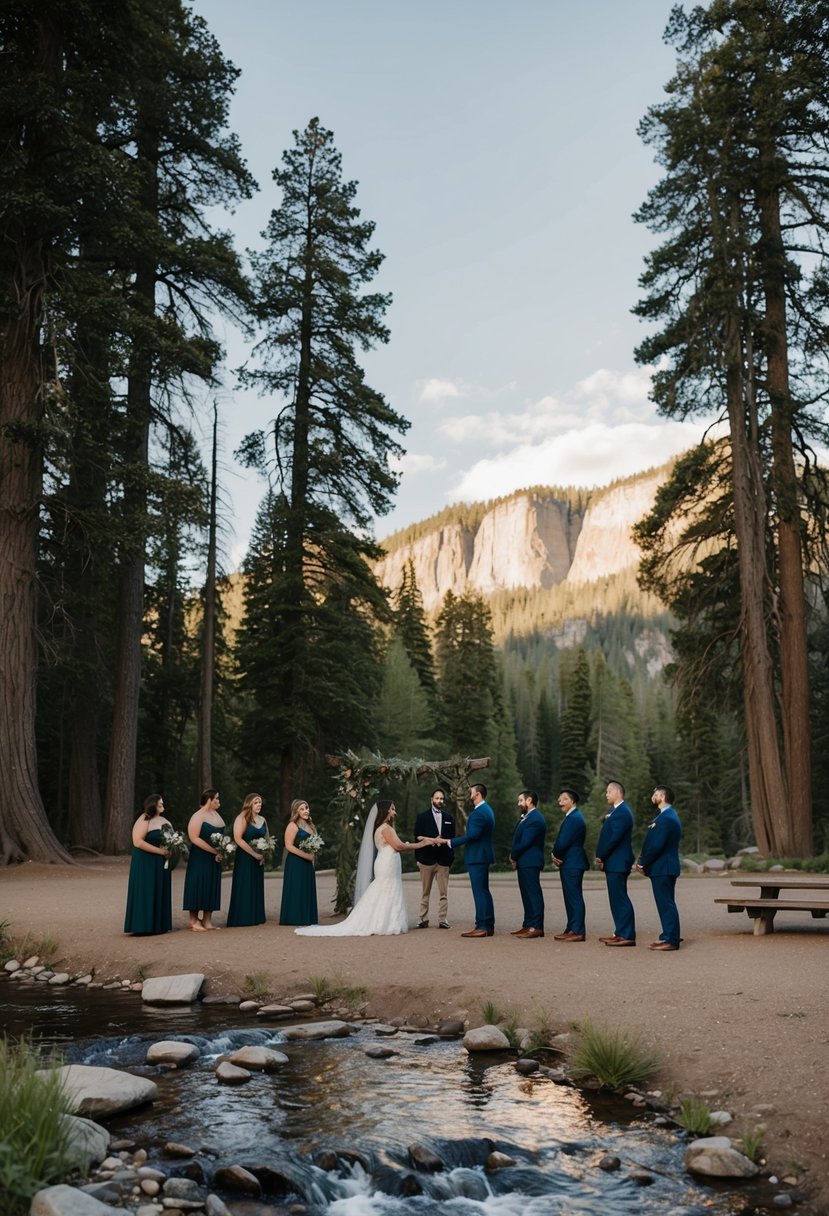 A small group gathers in a clearing surrounded by towering trees and a tranquil stream, exchanging vows under the open sky in a national park