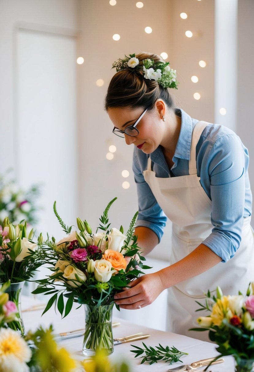 A wedding florist carefully arranging flowers within the venue's guidelines and restrictions