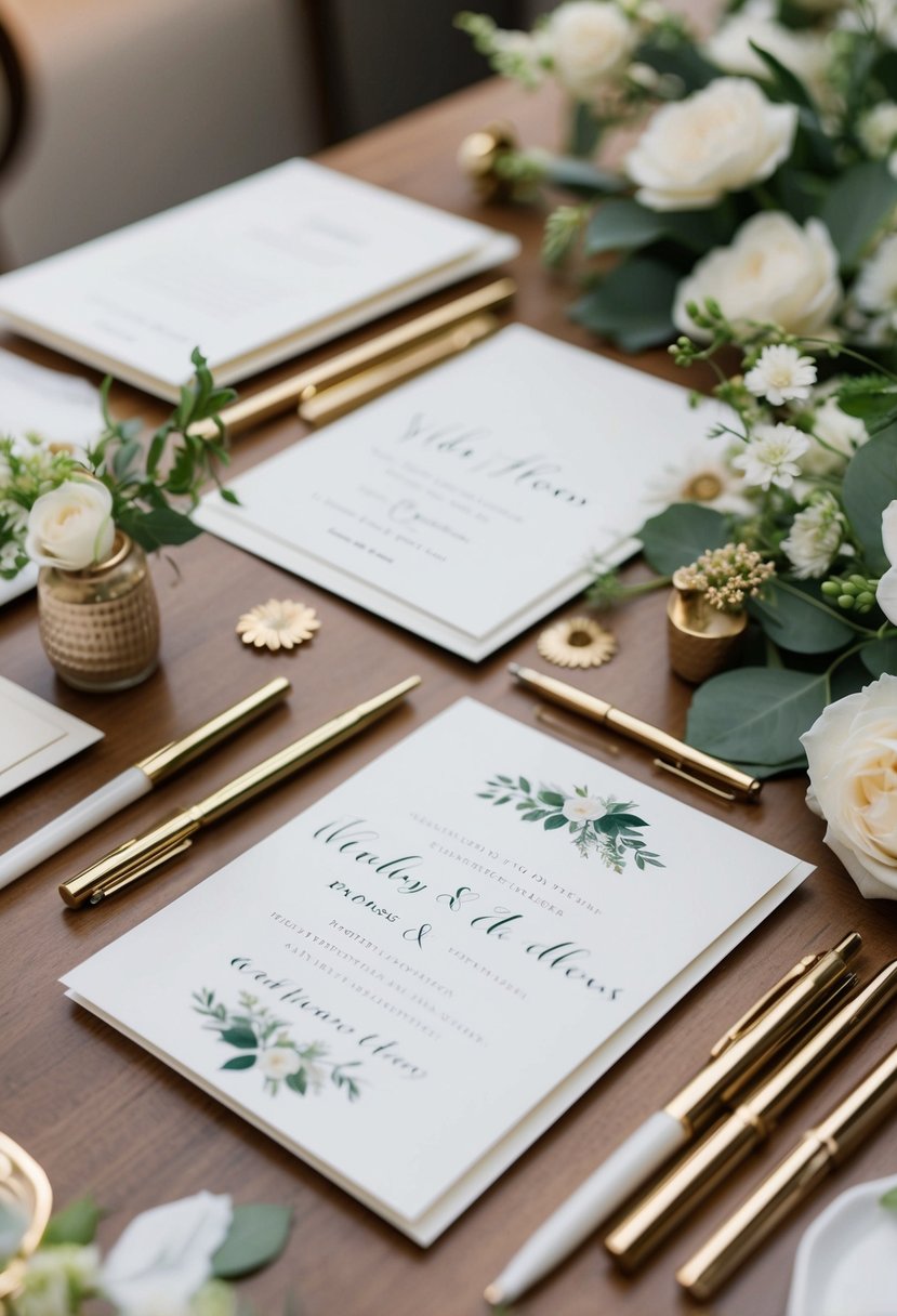 A table set with elegant stationery, pens, and floral accents for creating personal, hand-written wedding invitations