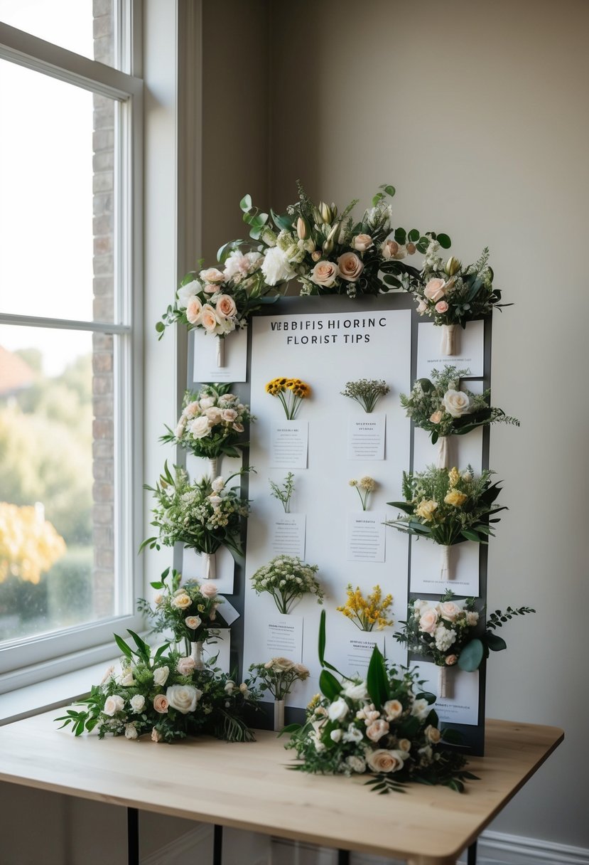 A mood board with various floral arrangements and wedding florist tips displayed on a table with natural light streaming in from a nearby window