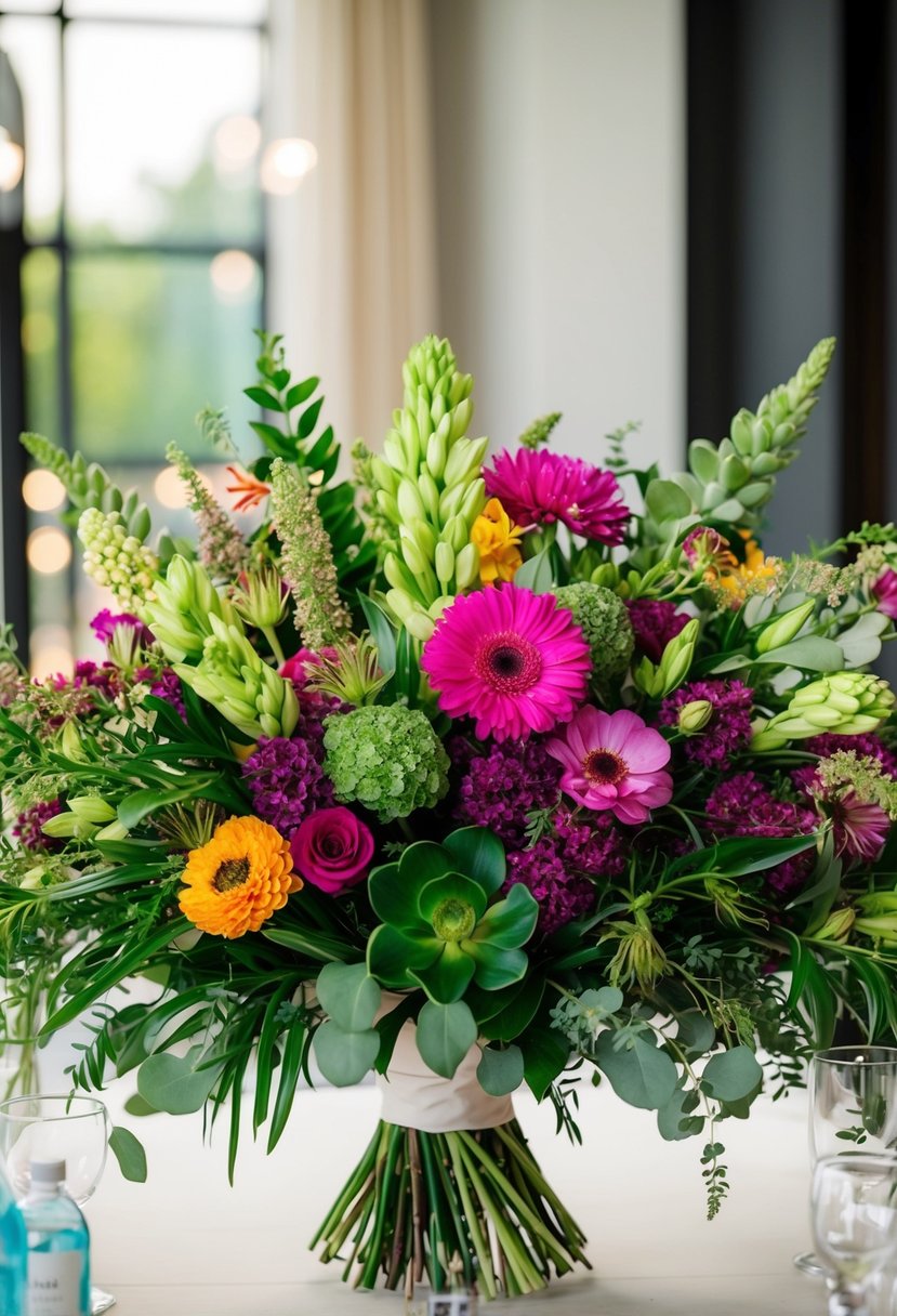 A lush bouquet of vibrant, high-end flowers is artfully arranged with an assortment of greenery, creating a stunning and cost-efficient wedding centerpiece