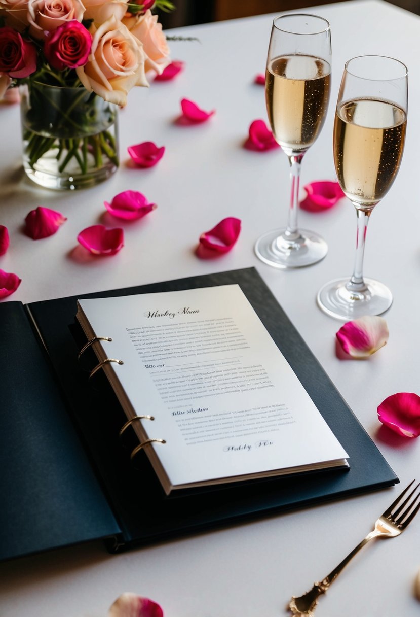 A wedding album open on a table, surrounded by scattered rose petals and a pair of champagne flutes