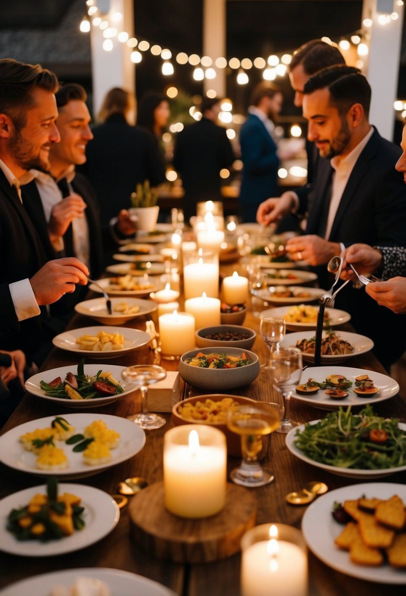 A cozy, candlelit table with a variety of small plates and interactive food stations. Guests mingle, sample, and savor the unique culinary experience