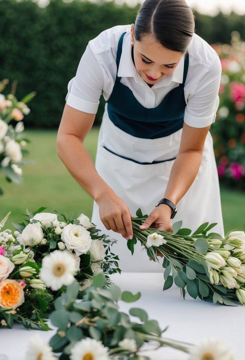 A florist arranging outdoor wedding flowers, with an extra set of blooms nearby for backup