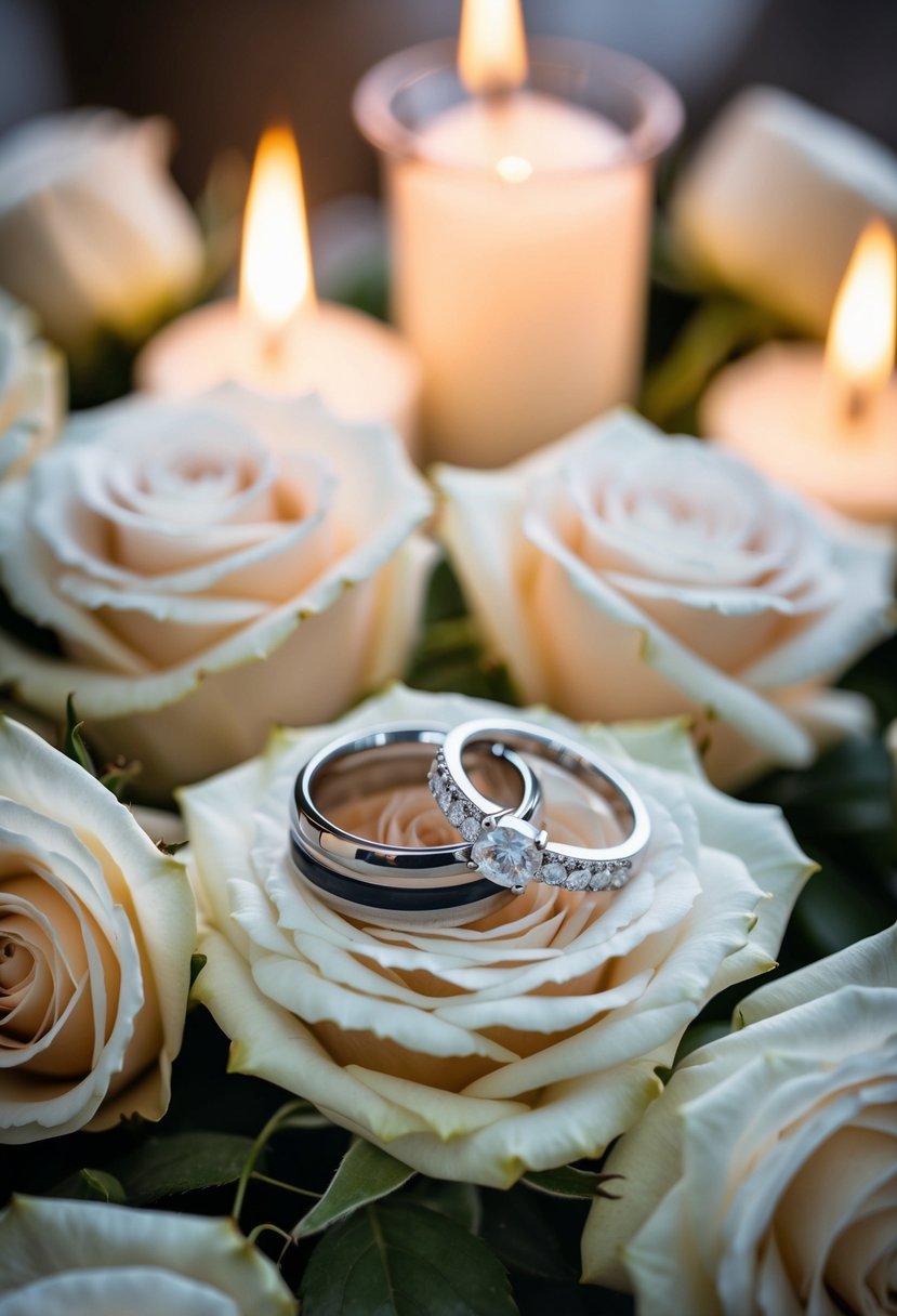 A pair of elegant wedding rings resting on a bed of delicate white roses, surrounded by soft candlelight