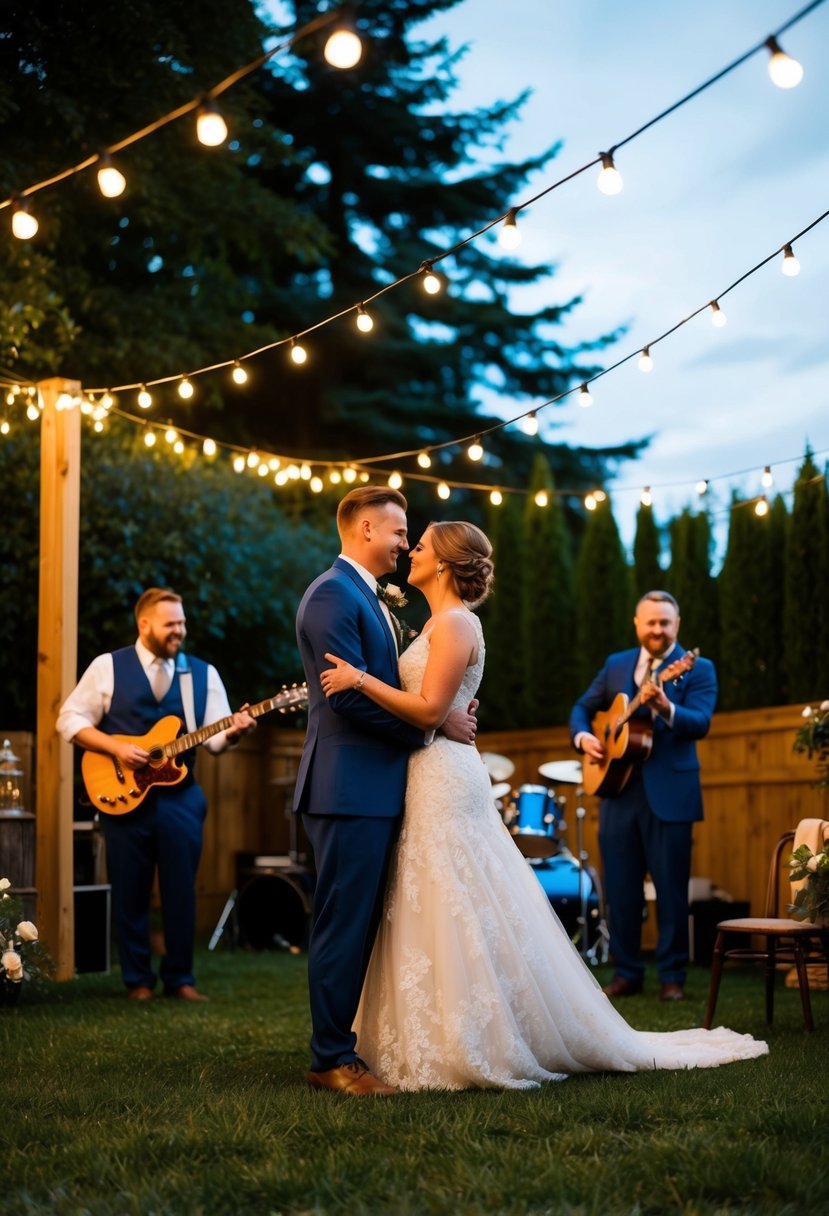 A cozy backyard wedding with twinkling lights, vintage decor, and a live band playing nostalgic music