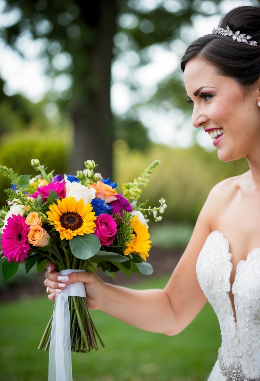 A bride pointing to a colorful bouquet with a smile, while frowning at a wilted arrangement