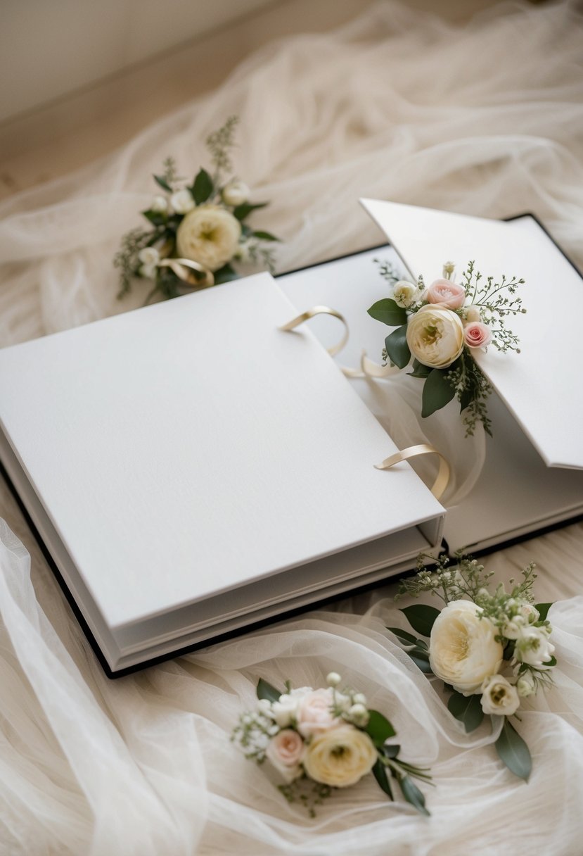 An open layflat wedding album with elegant, minimalist design, surrounded by soft, natural light and delicate floral accents