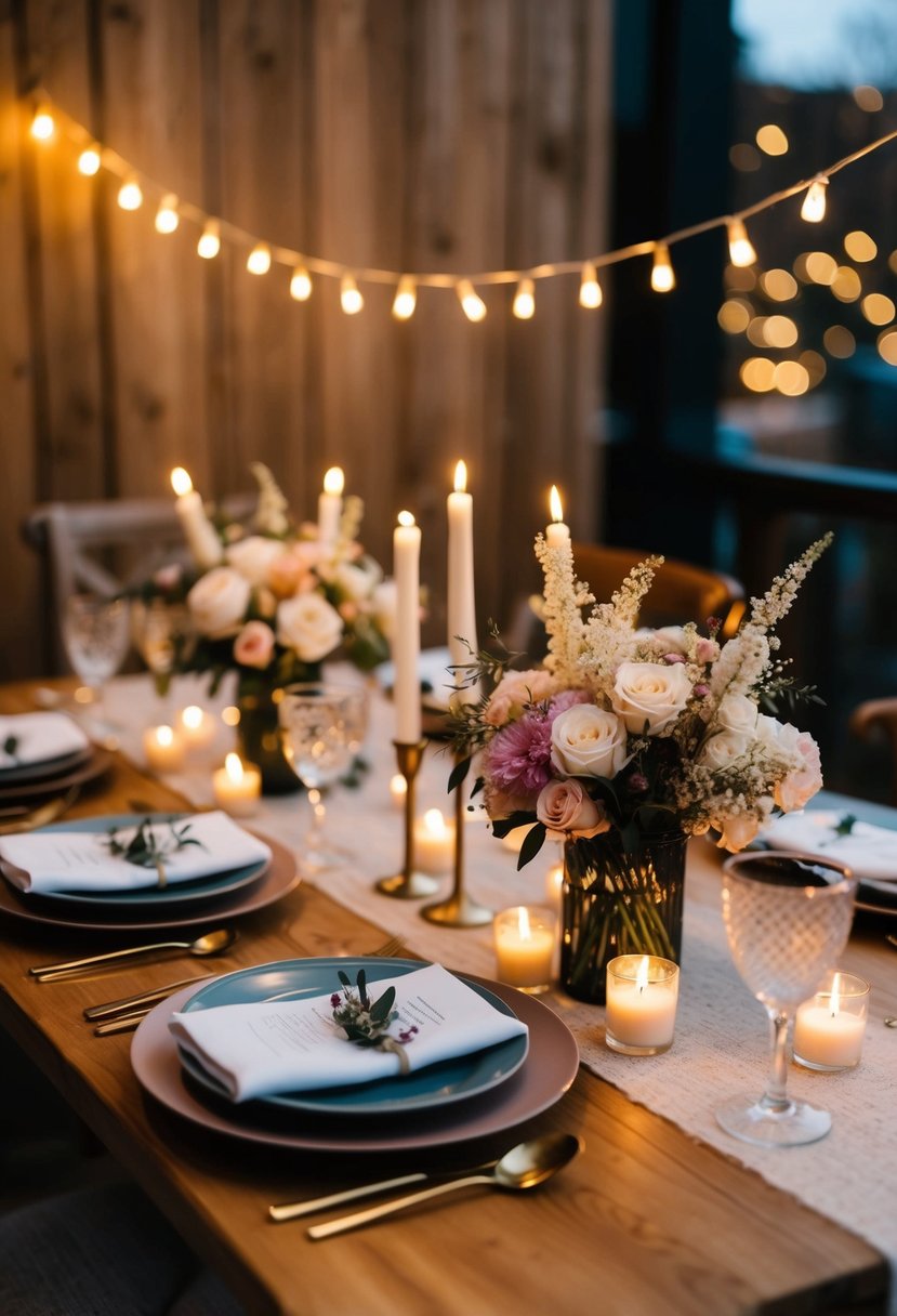 A cozy, candlelit table set for two with delicate floral centerpieces and soft string lights creating a warm and intimate atmosphere