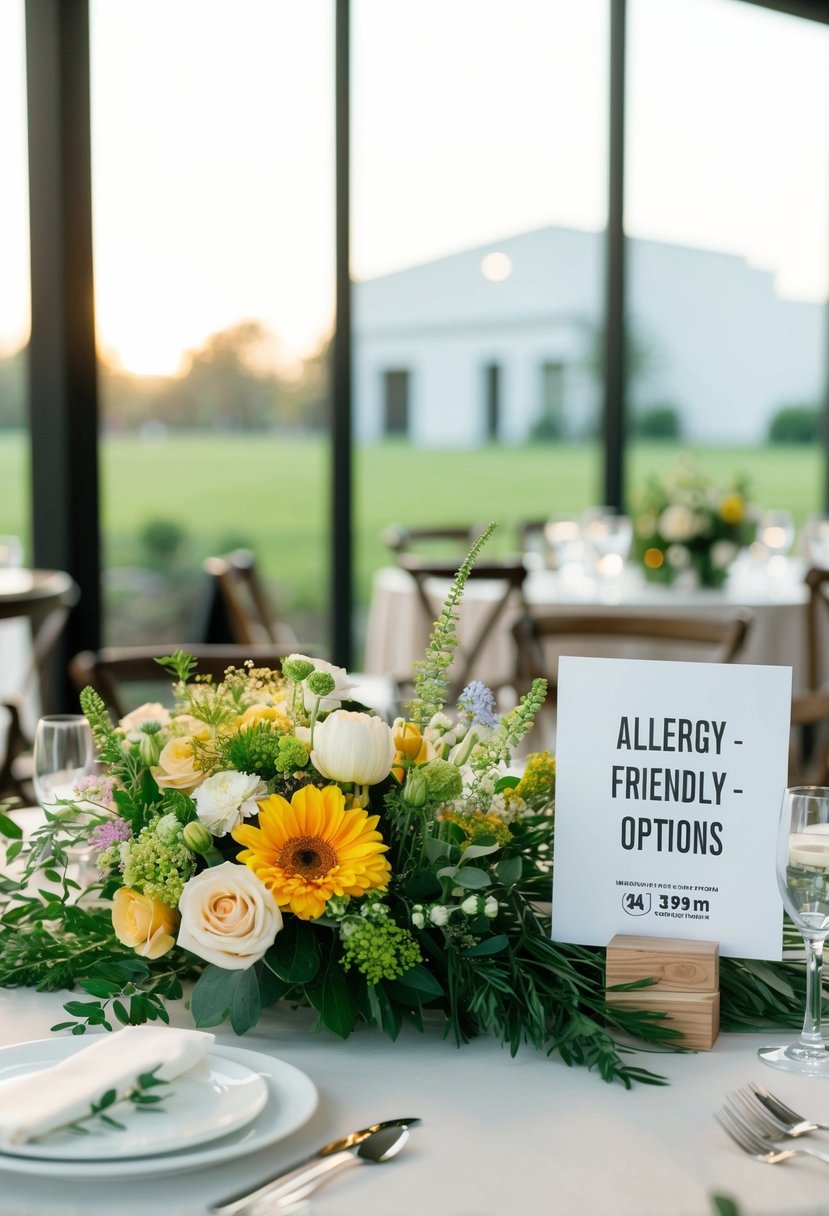 A wedding table with a variety of flowers and greenery, alongside a sign indicating allergy-friendly options