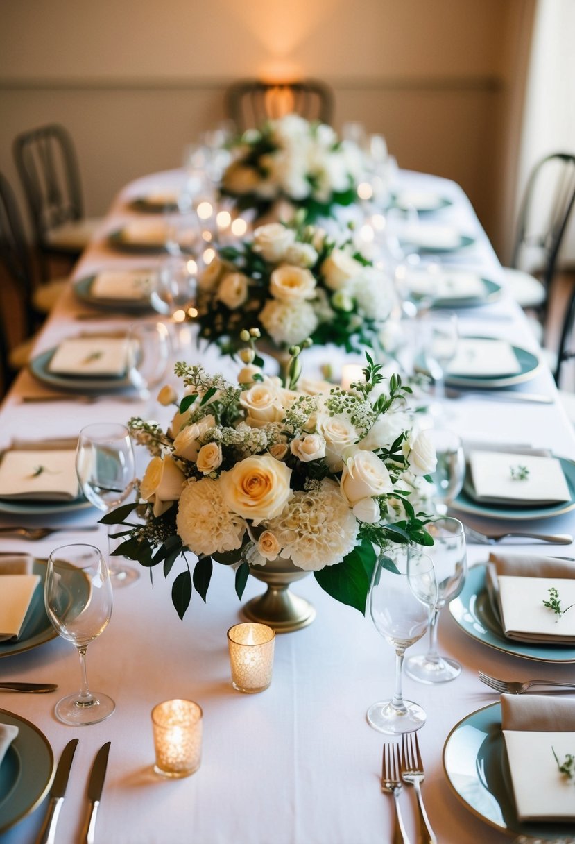 A table adorned with classic floral centerpieces, set for an intimate wedding celebration