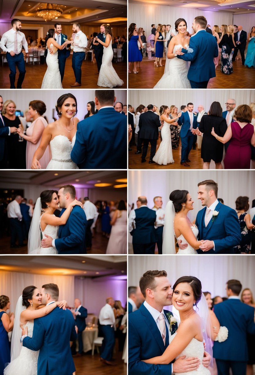 A mix of candid and posed shots at a wedding reception, with guests mingling and dancing while the bride and groom pose for formal portraits