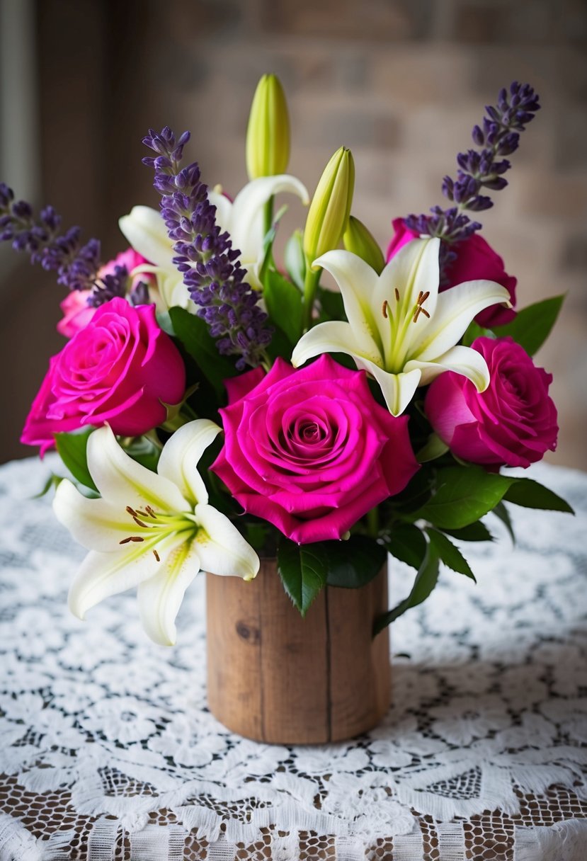 Vibrant roses, delicate lilies, and fragrant lavender arranged in a rustic wooden vase on a lace-covered table