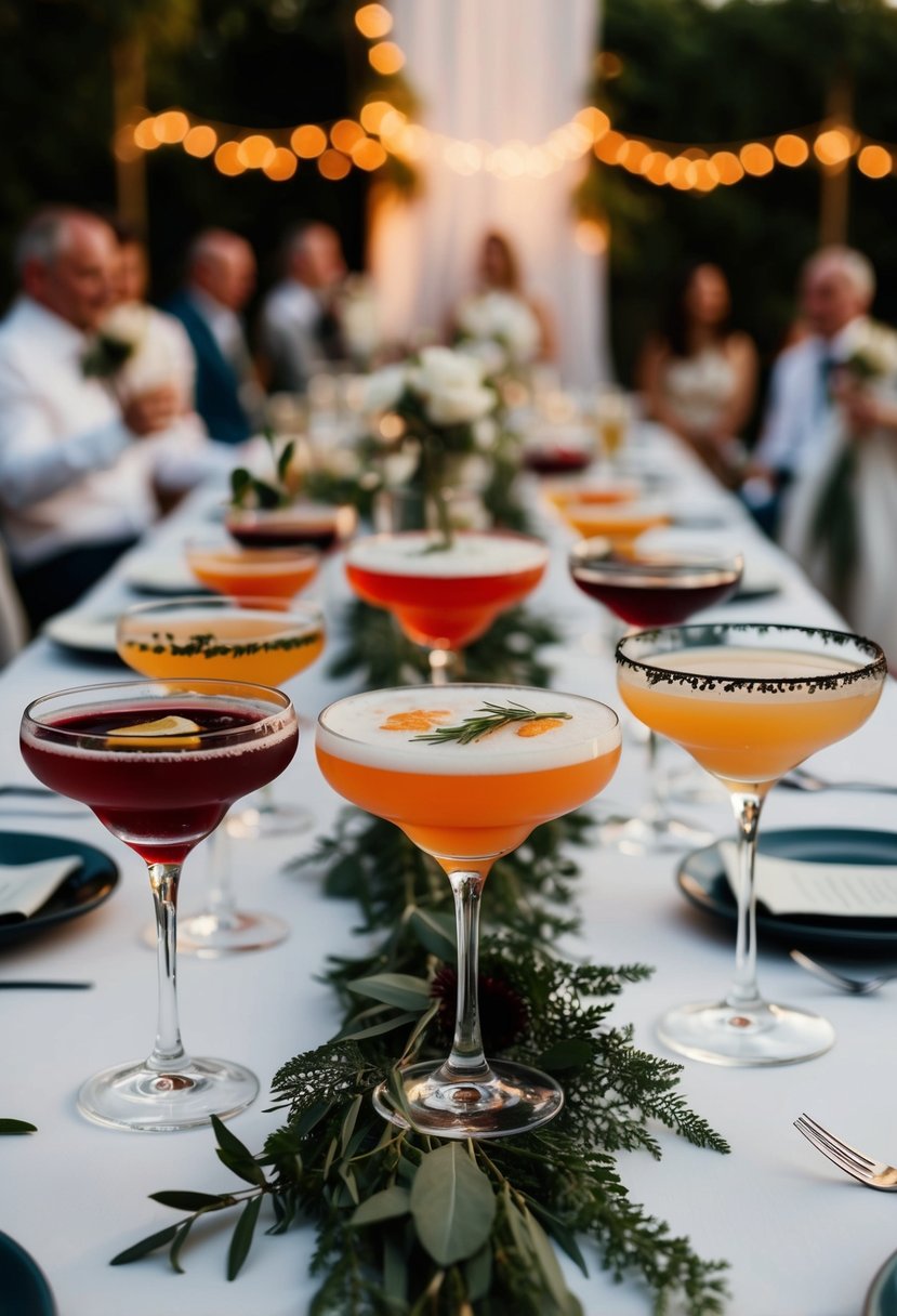 A table adorned with unique cocktails, each with a special story, set against a backdrop of an intimate wedding celebration