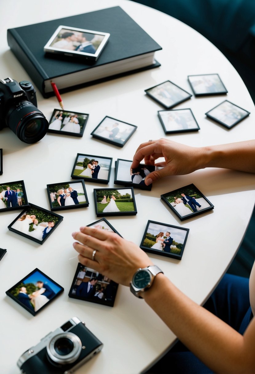 A table with scattered wedding photos, a pair of hands arranging them in chronological order, while a camera and album lie nearby