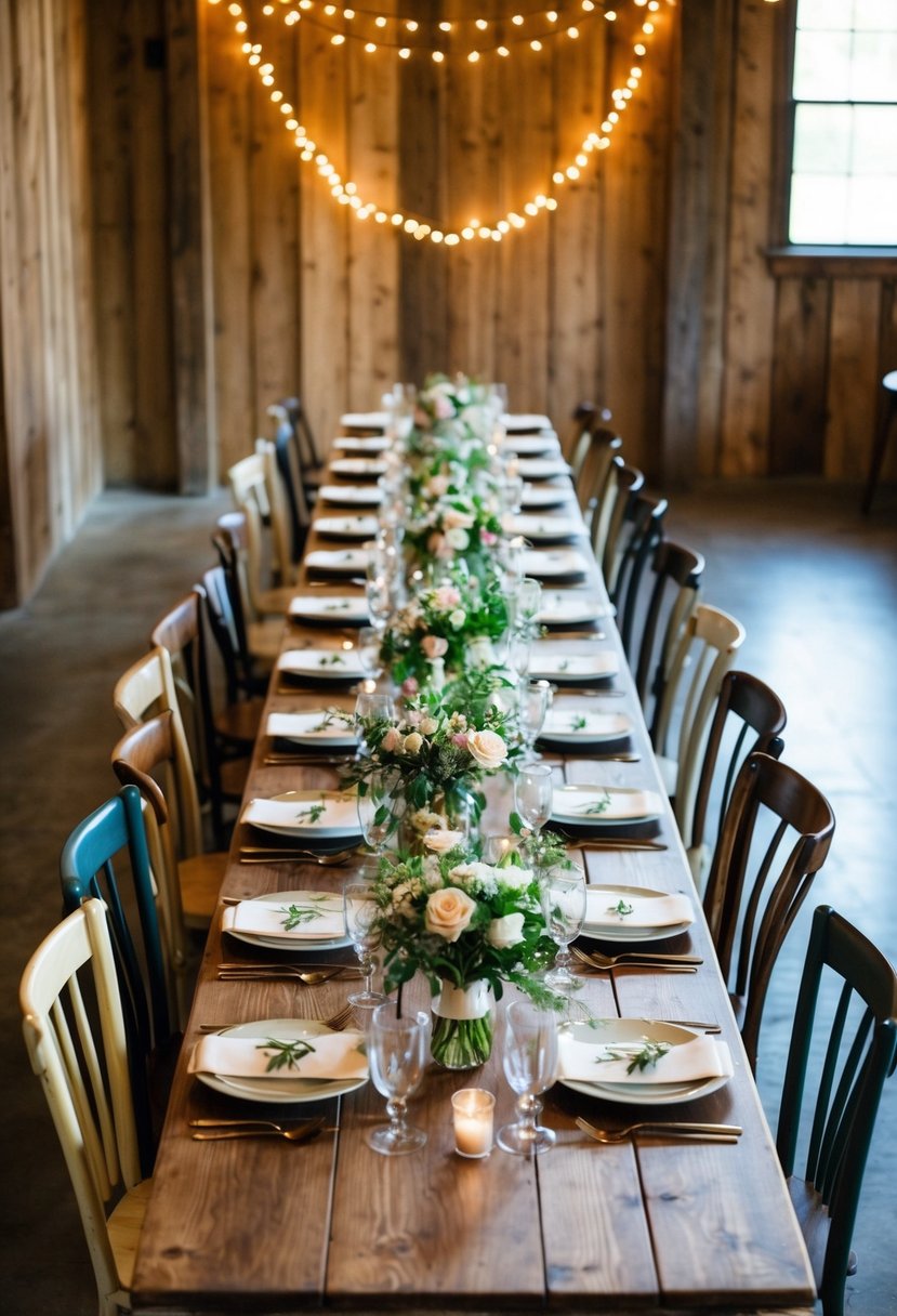 A long wooden table set with mismatched chairs, adorned with floral centerpieces and twinkling lights, creating a cozy family-style seating arrangement for a small wedding