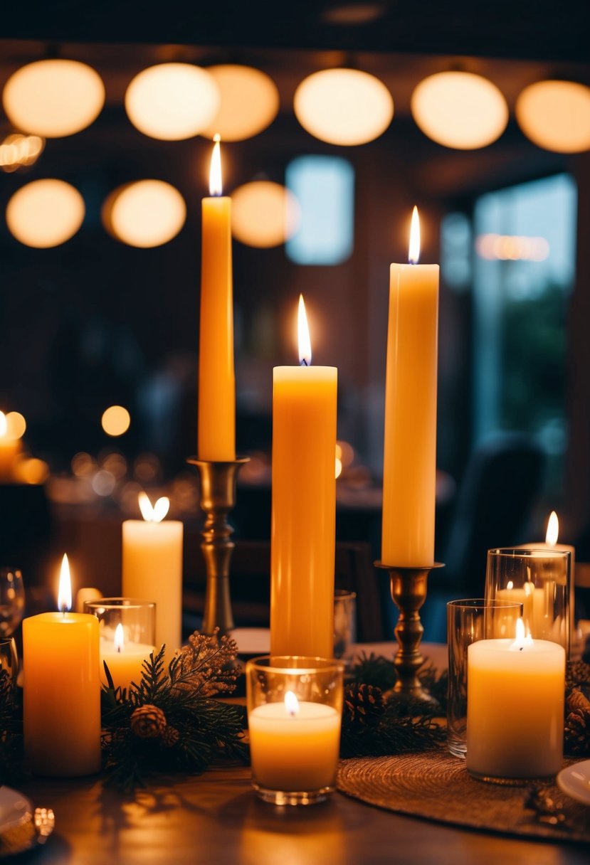 A table adorned with flickering candles of various heights and sizes, casting a warm glow on the surrounding space