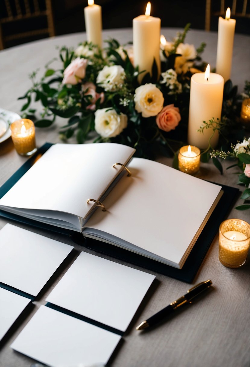 A wedding album open on a table, surrounded by flowers and candles, with a pen and blank caption cards nearby