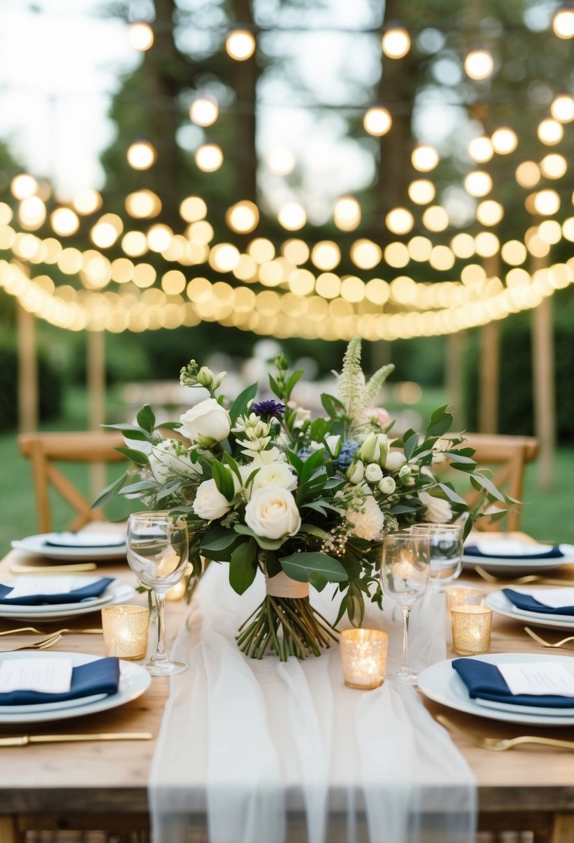 A table set with twinkling lights and fresh flowers, ready for a small wedding celebration