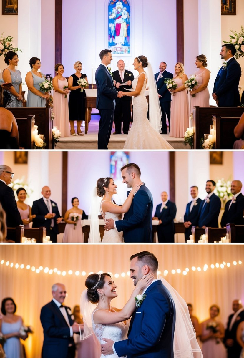 A couple standing at the altar exchanging vows, surrounded by family and friends. Later, they share their first dance as husband and wife, bathed in soft, romantic lighting