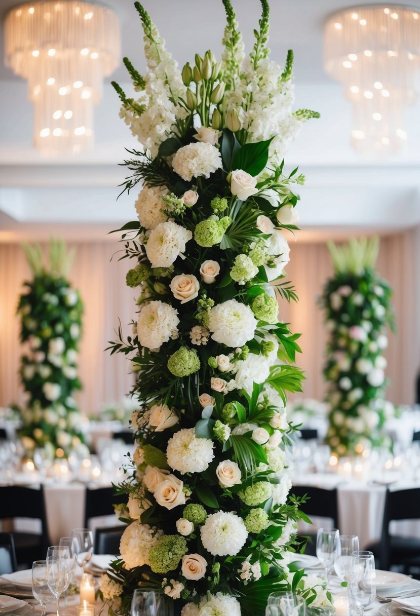 A towering floral centerpiece dominates the table, its delicate blooms and lush greenery carefully arranged to create a striking visual impact