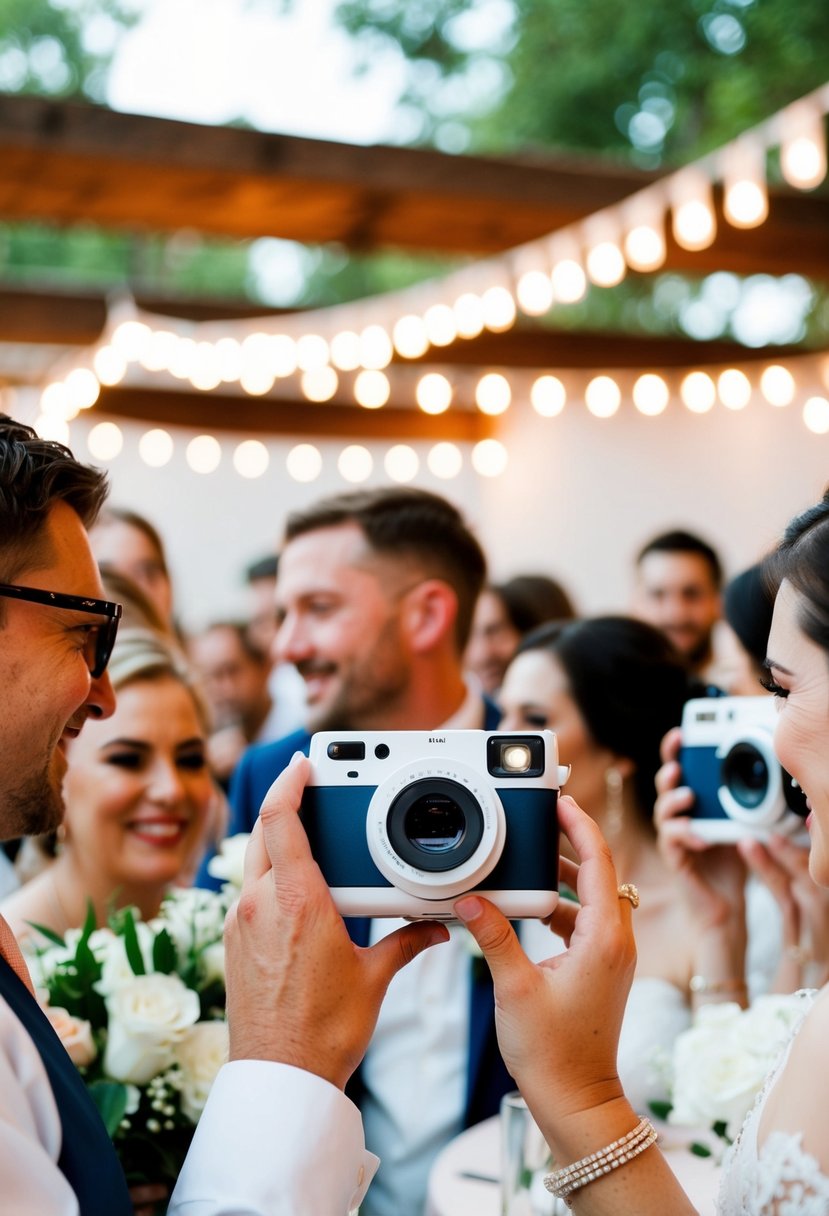 A small wedding reception, with guests using instant cameras to capture candid moments