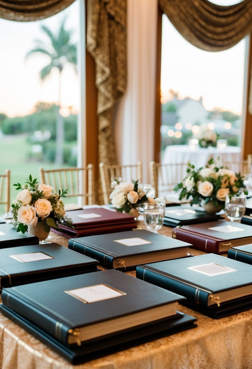 A table with neatly arranged wedding albums and decorative elements