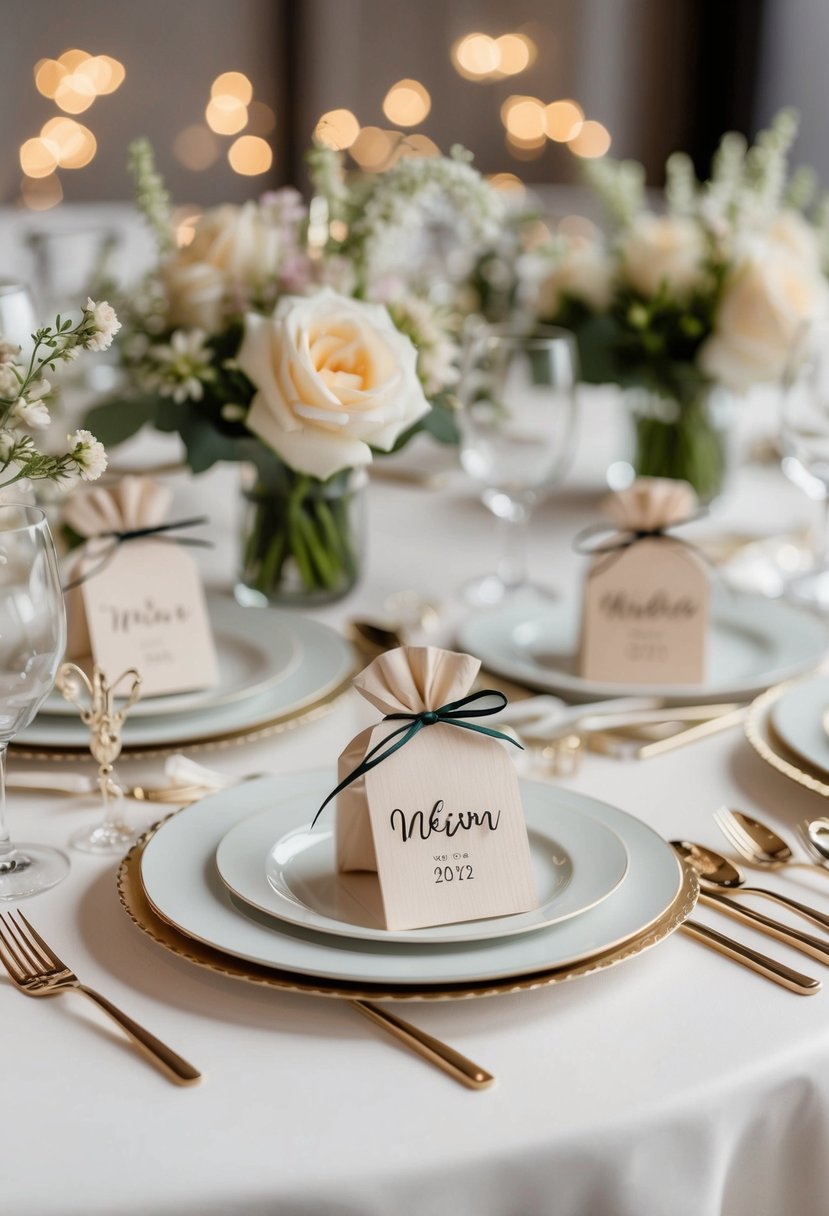 A table set with personalized wedding favors, surrounded by delicate flowers and elegant decor